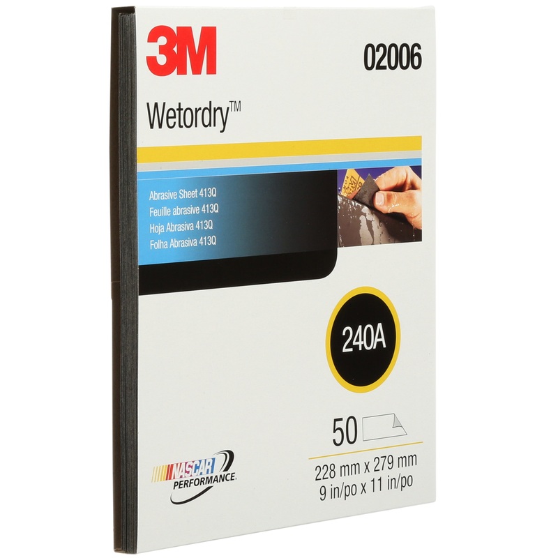 3M (815) 02006 3M Wetordry Tri-M-ite Sheet, 413Q, 02006, 240, A-weight, 9 in x 11 in (22.86 cm x 27.94), Colour: Black, 3M Stock No. 7000118294