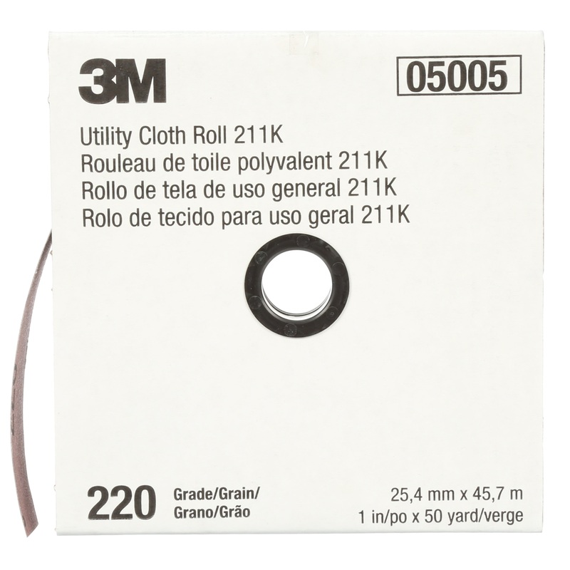 3M (815) 05005 3M Utility Cloth Roll, 211K, grade 220, J-weight, 1 in x 150 ft (25.4 mm x 45.72 m), Colour: Grey, 3M Stock No. 7000118343