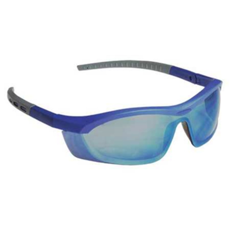 North Safety (399) T58505BLBLM Tornado F5" safety glasses, blue & grey frame, straight temple, blue-mirror lens - 12 each per box, 12 boxes per case (144 each). Not Anti-Fog.