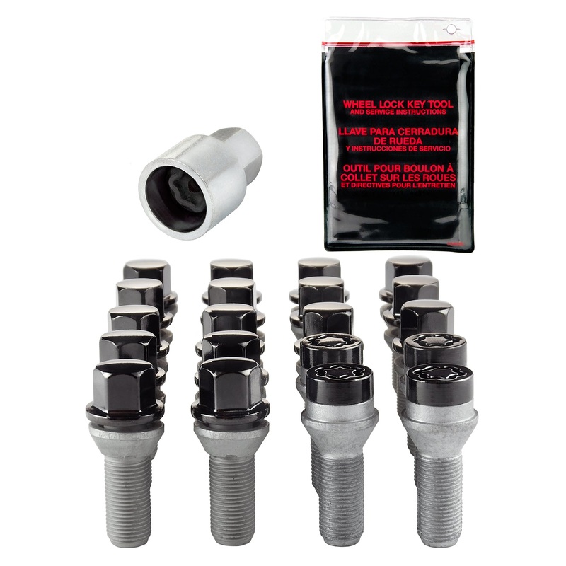McGard (173) 67200BK Black Cone Seat Lug Bolt Wheel Installation Kit for 5 Lug Vehicles (M14x1.5 Thread Size); Set of 16 Lug Bolts, 4 Wheel Locks, 1 Key & 1 Key Storage Pouch.
